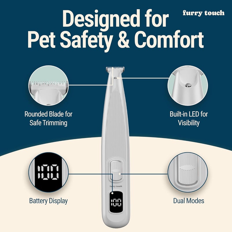 Furry Touch Dog Paw Trimmer - Electric Cordless Pet Clippers for Dogs & Cats - Quiet Dual-Speed Groomer with Pet-Safe Blade for Feet, Ears, Face - USB-C Rechargeable - with Travel Bag, Comb & Brush - Image 5